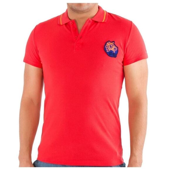 New Just Cavalli Men US XXS / EU 44 Polo T-Shirt Red Cotton Tiger Badge - Picture 3 of 4